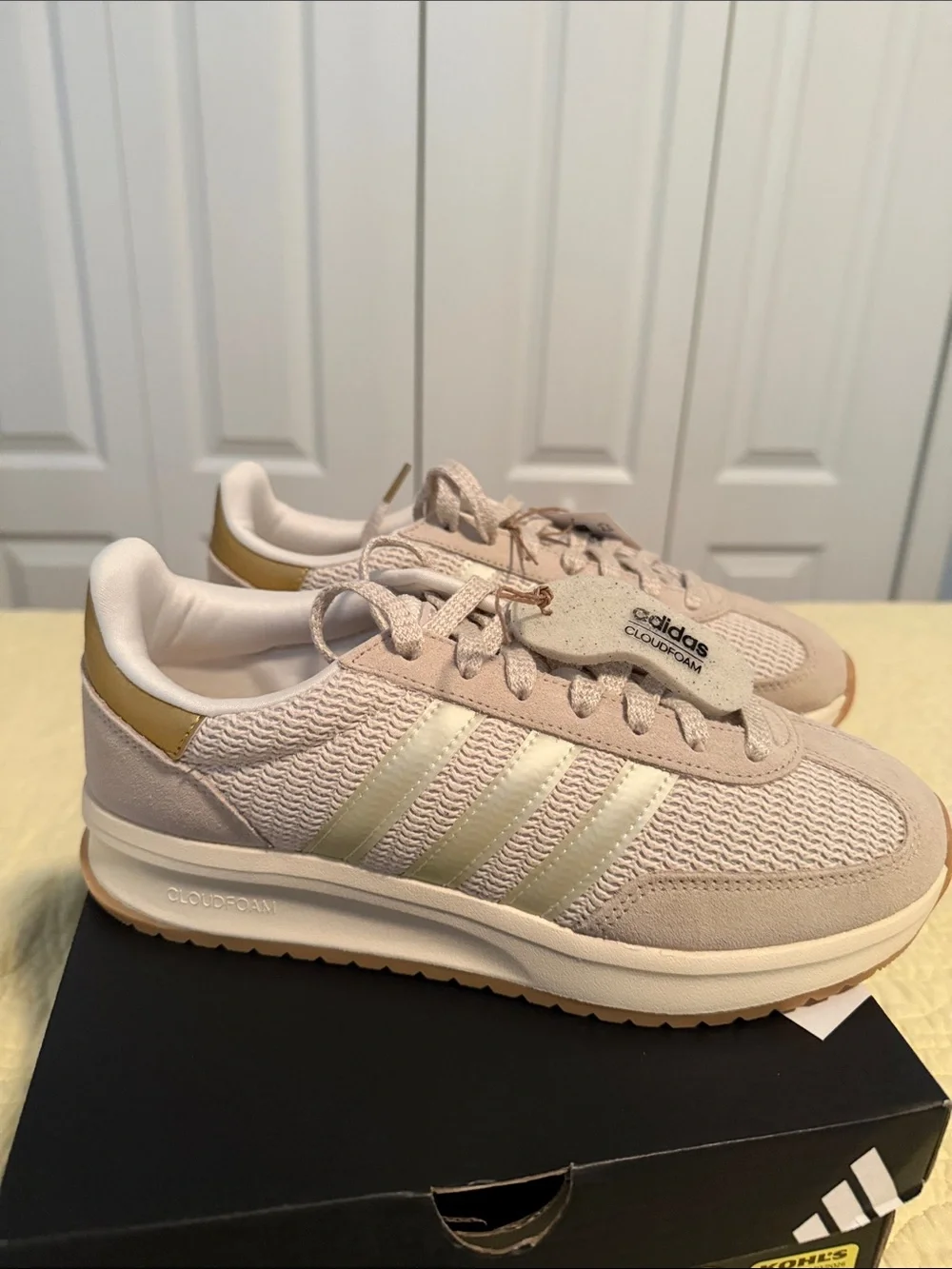 adidas Cloudfoam Retro Runner Sneakers in Light Beige with Gold Accents